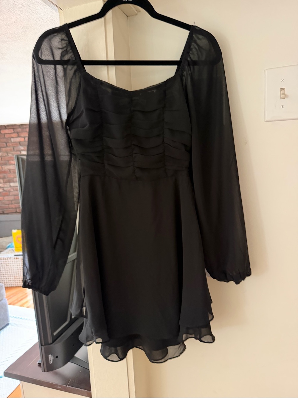 Altar'd State Black Sheer Long-Sleeve Chiffon Mini Dress
